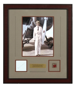 Amelia Earhart Signed Display with Fabric from her Lockheed Vega 5B